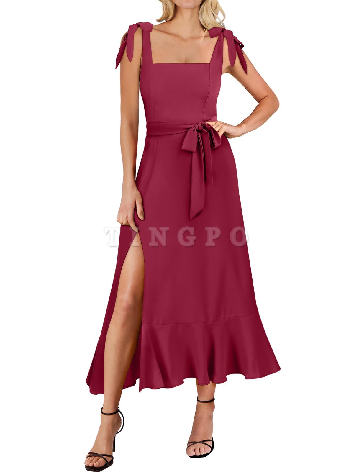 Wholesale Women's Square Neck Ruffle Split Midi Elegant Formal Wedding Guest Cocktail Bridesmaid Graduation Party Dresses prom dresses shops