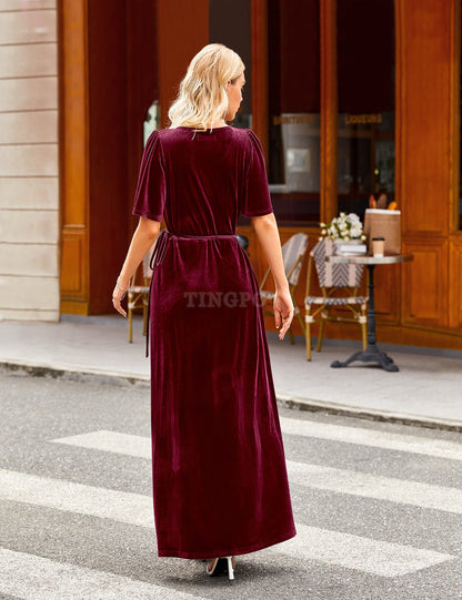 Wholesale Women's V Neck Wrap Velvet Maxi Dress Bell Sleeve Split Bridesmaid Cocktail Party Dresses prom dresses shops