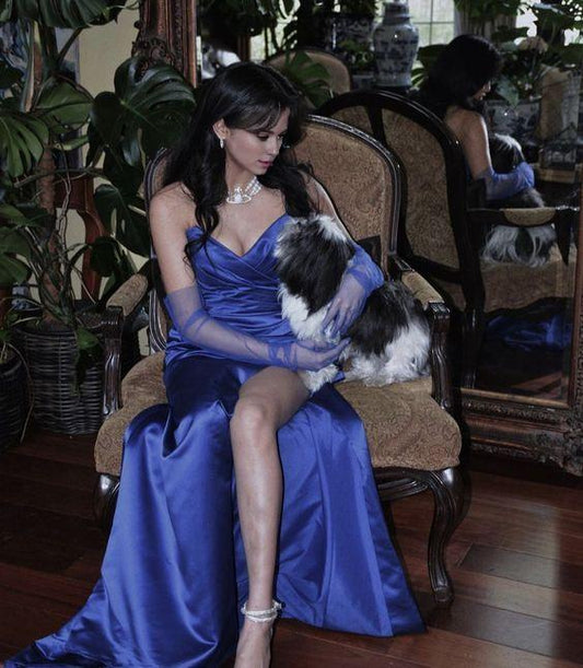 TingPo Wholesale Elegant Sheath Sweetheart Sleeveless Blue Satin Slit Prom Dresses Long Evening Dress