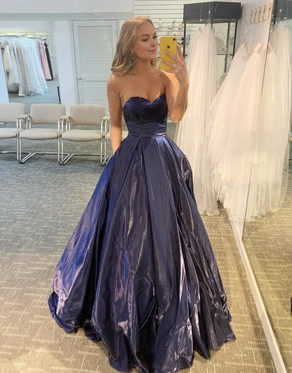 Wholesale A-Line Navy Blue Strapless Sweetheart Long Prom Dress prom dresses shops ﻿