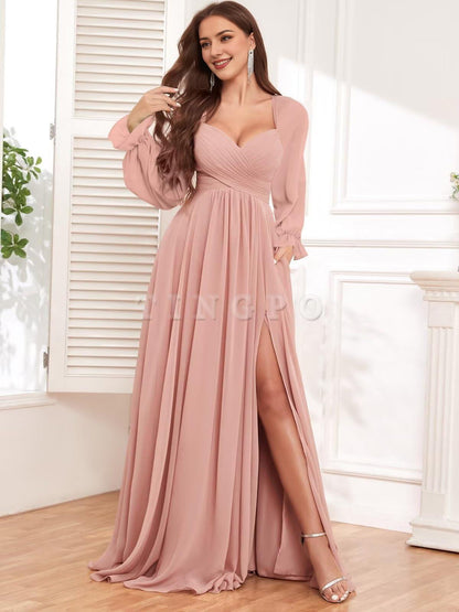 Wholesale Long Sleeve Bridesmaid Dresses for Women Chiffon Pleated Formal Evening Gowns with Slit prom dress shop