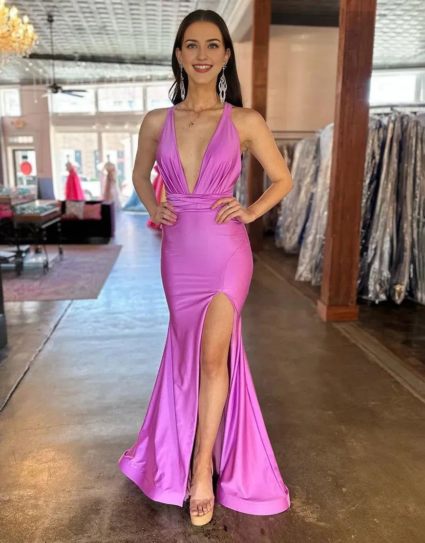 Wholesale Deep V-Neck Cross Back Long Satin Prom Dress With Split prom dress in store