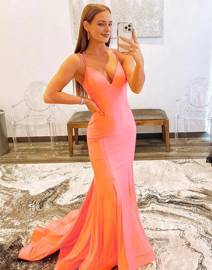 Wholesale Sexy V Neck Spaghetti Straps Orange Long Prom Dress prom dress in store