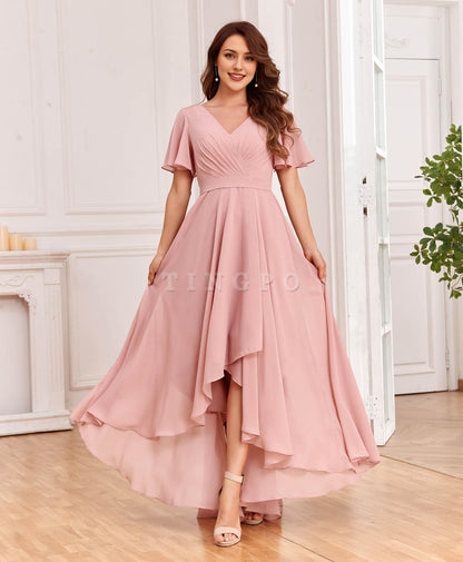 Wholesale Women's V Neck Bridesmaid Dresses with Sleeves Chiffon A-Line Pleated High Low Formal Gown prom dress shop