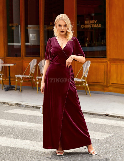 Wholesale Women's V Neck Wrap Velvet Maxi Dress Bell Sleeve Split Bridesmaid Cocktail Party Dresses prom dresses shops