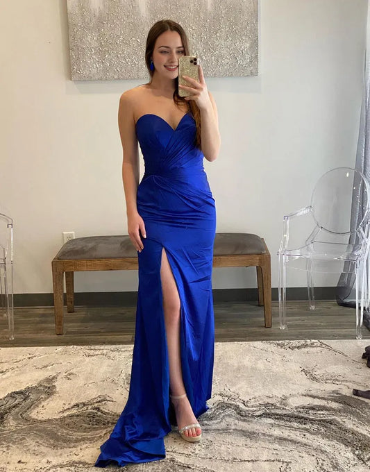 Wholesale Royal Blue Sweetheart Satin Long Prom Dress Whit Split prom dress in store