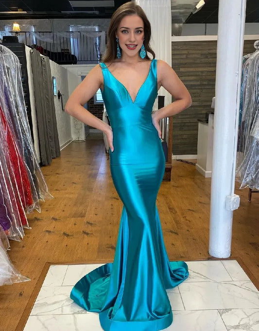 Wholesale Mermaid Glitter Cyan Satin Backless Prom Dress formal wear dresses prom dress stores