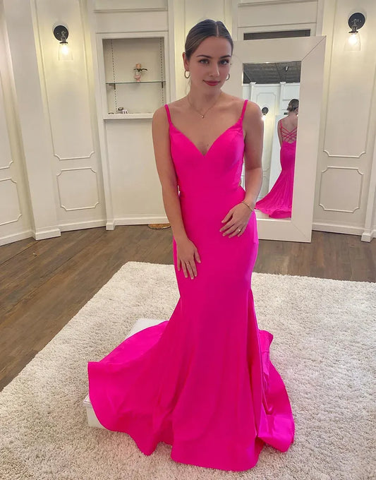 Wholesale Sexy V-neck Halter Backless Hot Pink Long Prom Dress prom dress in store