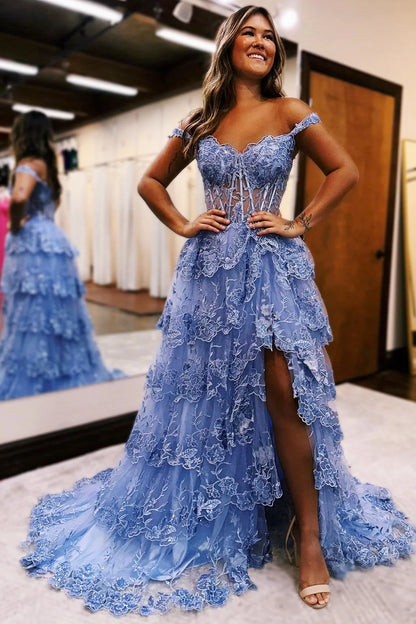 TingPo Wholesale Tulle Appliques Off-the-Shoulder Ruffle Long Prom Dress Sweetheart Tiered Skirt Corset Lace Formal Dresses