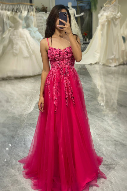 TingPo Wholesale Elegant  A Line Fuchsia Spaghetti Straps Tulle Long Prom Dress With Appliques