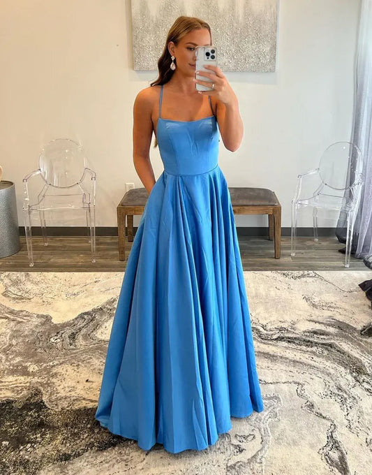 Wholesale A-Line Royal Blue Spaghetti Straps Backless Prom Dress prom dresses shops