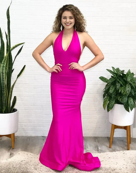 Wholesale Sexy Mermaid Halter Hot Pink Backless Satin Prom Dress prom dress in store formal wear dresses