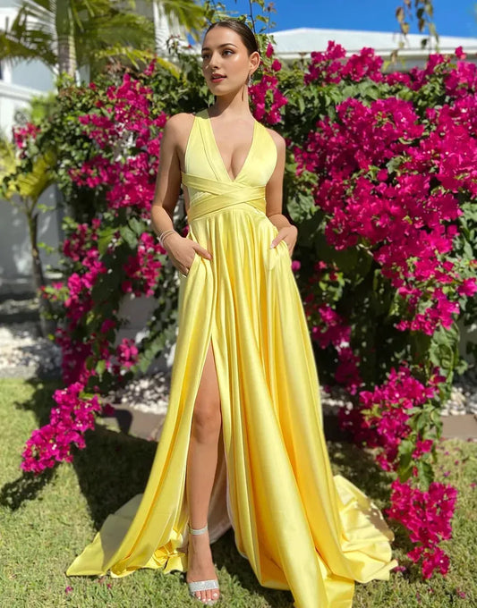 Wholesale A-Line Satin V Neck Long Prom Dress formal wear dresses prom dress in store