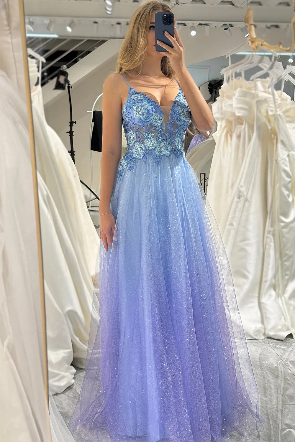 Wholesale Glitter A Line Tulle Spaghetti Straps Long Prom Dress With Appliques prom dresses shops