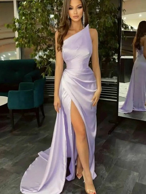 Wholesale Sheath/Column Silk like Satin Ruched Strapless Sleeveless Sweep/Brush Train Dresses