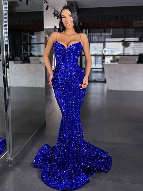 Wholesale Trumpet/Mermaid Velvet Sequins Spaghetti Straps Sleeveless Sweep/Brush Train Dresses