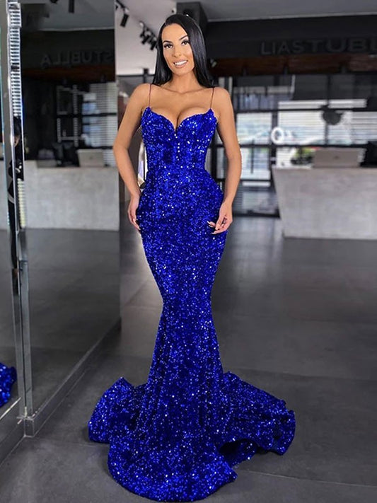 Wholesale Trumpet/Mermaid Velvet Sequins Spaghetti Straps Sleeveless Sweep/Brush Train Dresses