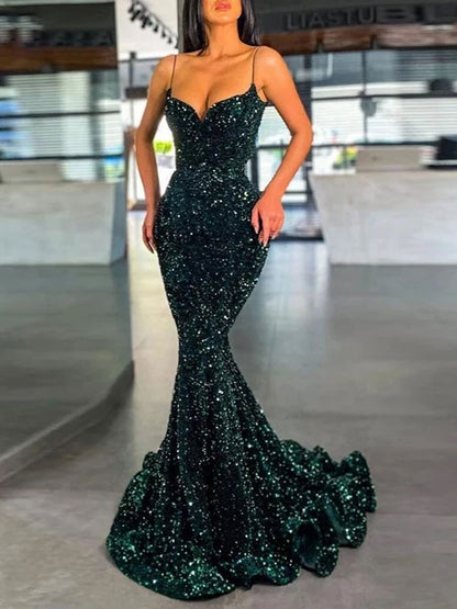 Wholesale Trumpet/Mermaid Velvet Sequins Spaghetti Straps Sleeveless Sweep/Brush Train Dresses