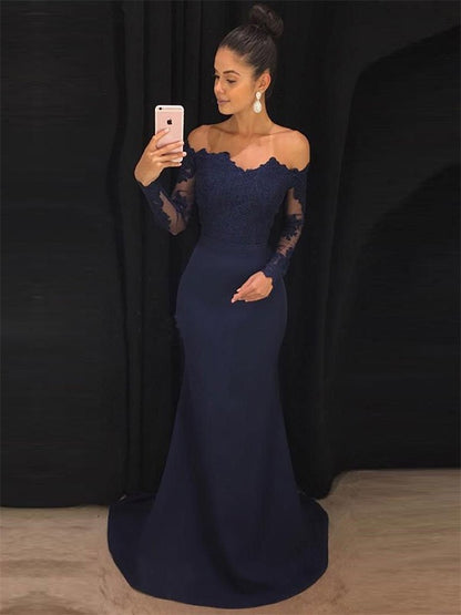 Wholesale Trumpet/Mermaid Off-the-Shoulder Long Sleeves Sweep/Brush Train Lace Stretch Crepe Dresses