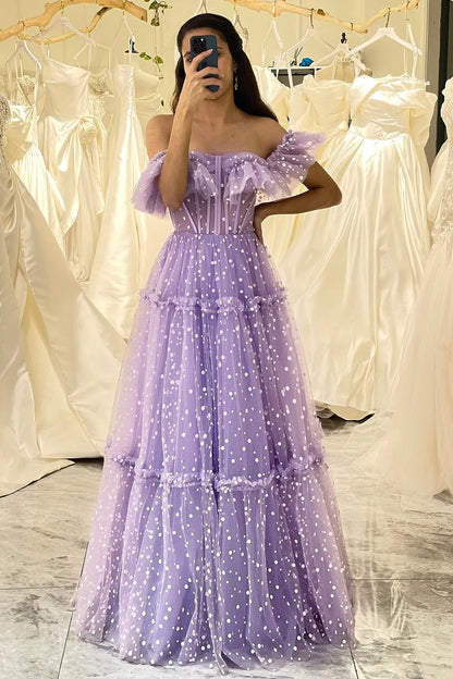 Wholesale Lilac Polka Dot Tulle A Line Off the Shoulder Lace Up Long Prom Dress prom dresses shops