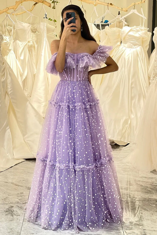 Wholesale Lilac Polka Dot Tulle A Line Off the Shoulder Lace Up Long Prom Dress prom dresses shops