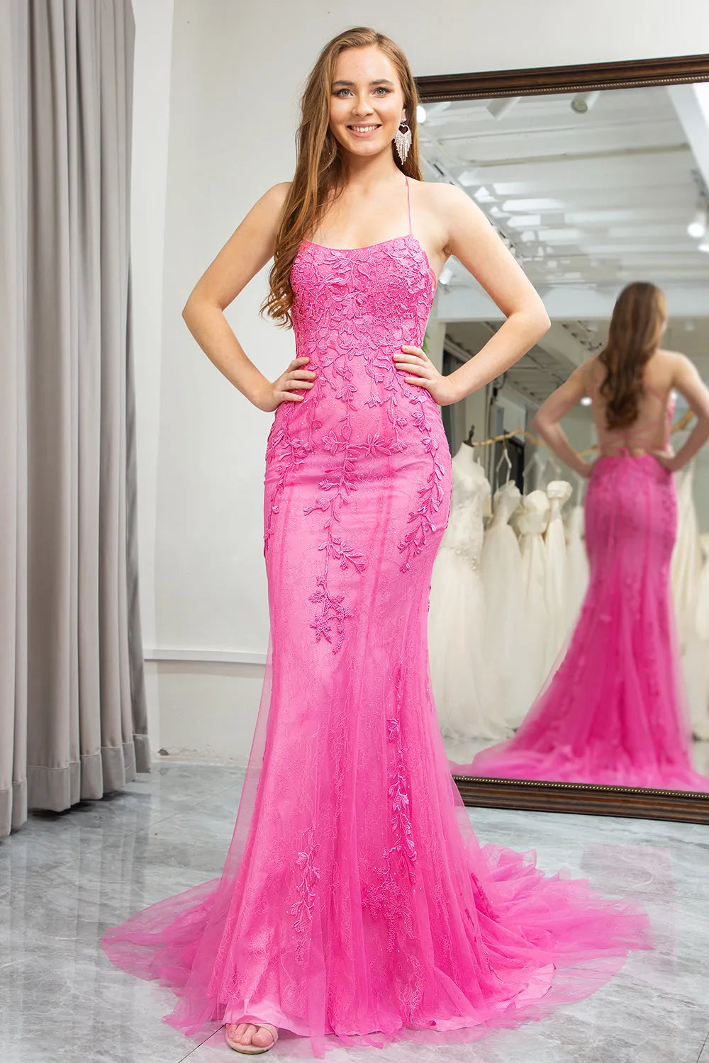 Wholesale Fuchsia Mermaid Spaghetti Straps Lace Up Long Prom Dress With Appliques prom dresses shops