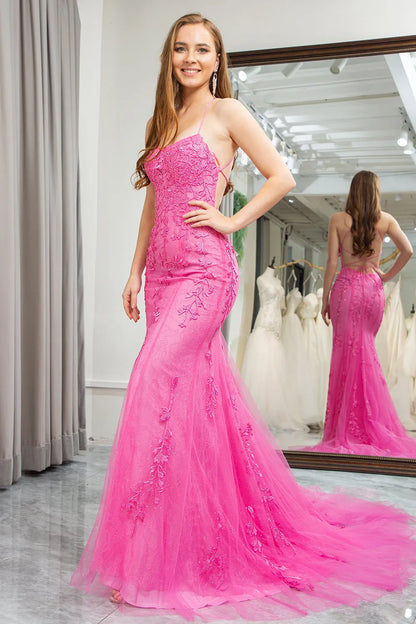 Wholesale Fuchsia Mermaid Spaghetti Straps Lace Up Long Prom Dress With Appliques prom dresses shops