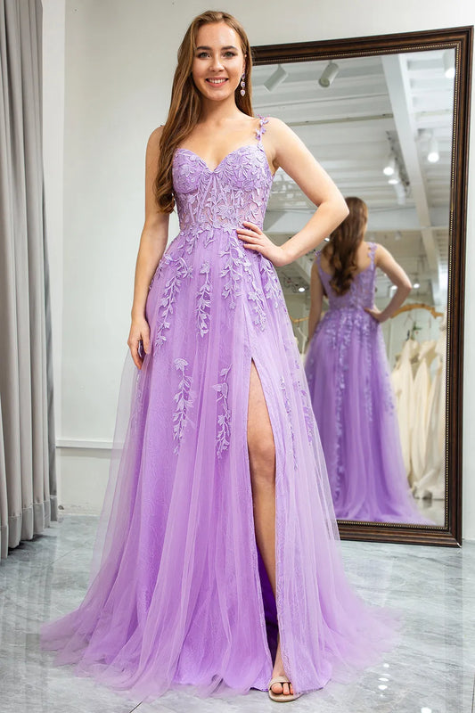 Wholesale Lilac A-Line Spaghetti Straps Appliqued Long Tulle Prom Dress With Slit prom dresses shops