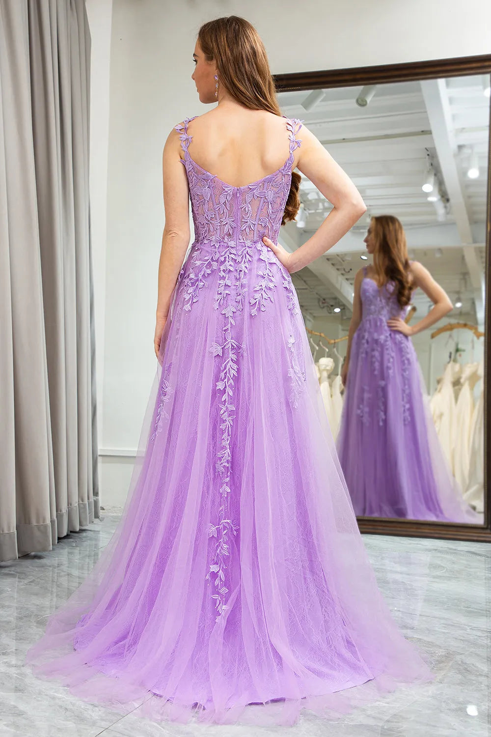 Wholesale Lilac A-Line Spaghetti Straps Appliqued Long Tulle Prom Dress With Slit prom dresses shops