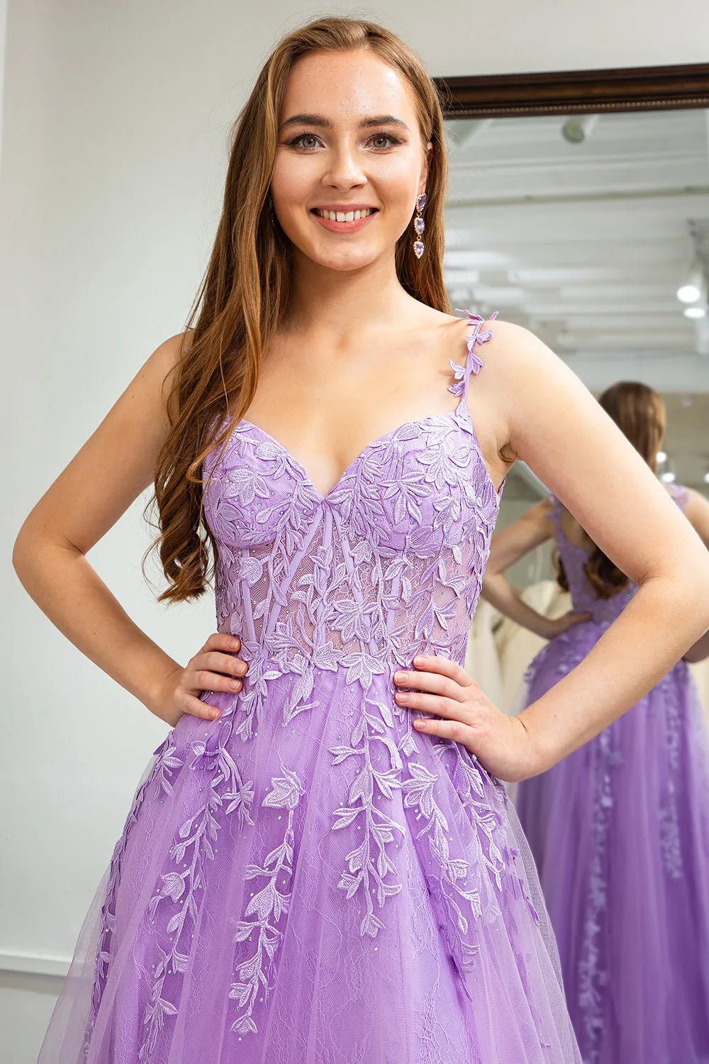 Wholesale Lilac A-Line Spaghetti Straps Appliqued Long Tulle Prom Dress With Slit prom dresses shops