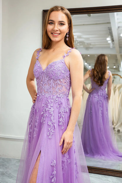 Wholesale Lilac A-Line Spaghetti Straps Appliqued Long Tulle Prom Dress With Slit prom dresses shops