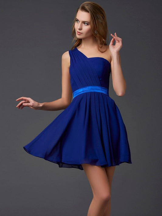 Wholesale A-Line/Princess One-Shoulder Sleeveless Pleats Short Chiffon Homecoming Dresses