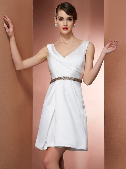 Wholesale A-Line/Princess Straps Sleeveless Beading Short Satin Bridesmaid Dresses