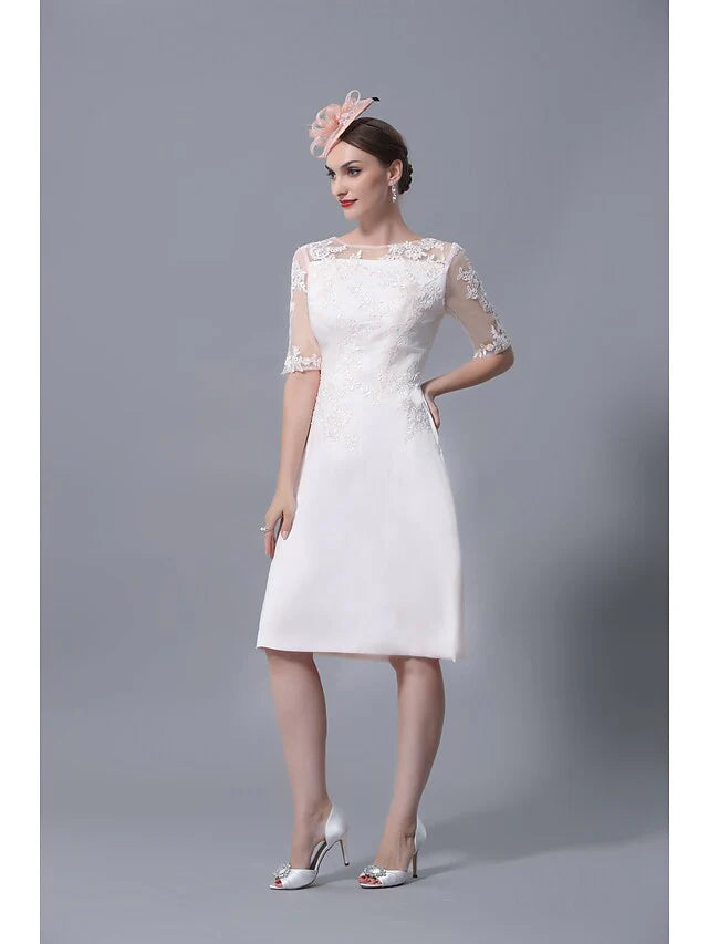 Wholesale Mother of the Bride Dress Plus Size Elegant Jewel Neck Knee Length Polyester Short Sleeve with Lace