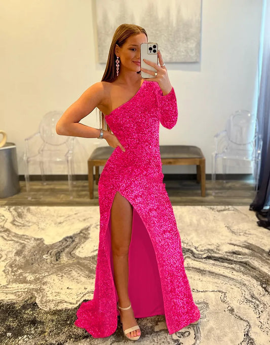 Wholesale Mermaid Glitter One-Shoulder Single Sleeve Prom Dress With Sequins prom dresses shops