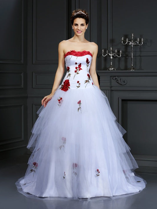 Wholesale Ball Gown Strapless Hand-Made Flower Sleeveless Long Tulle Wedding Dresses