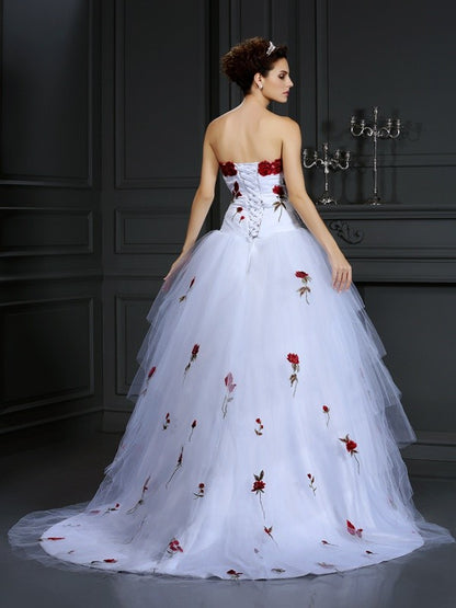 Wholesale Ball Gown Strapless Hand-Made Flower Sleeveless Long Tulle Wedding Dresses