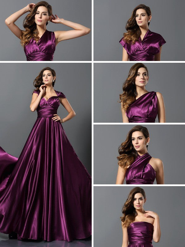 Wholesale A-Line/Princess Pleats Sleeveless Long Silk like Satin Convertible Bridesmaid Dresses