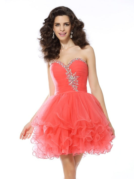 Wholesale A-Line/Princess Sweetheart Ruffles Sleeveless Short Satin Cocktail Dresses