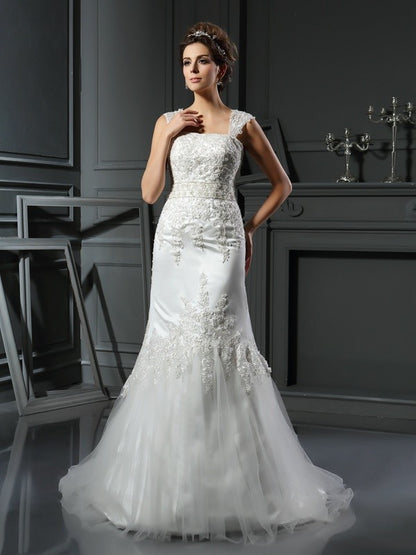 Wholesale Trumpet/Mermaid Straps Applique Sleeveless Long Satin Wedding Dresses