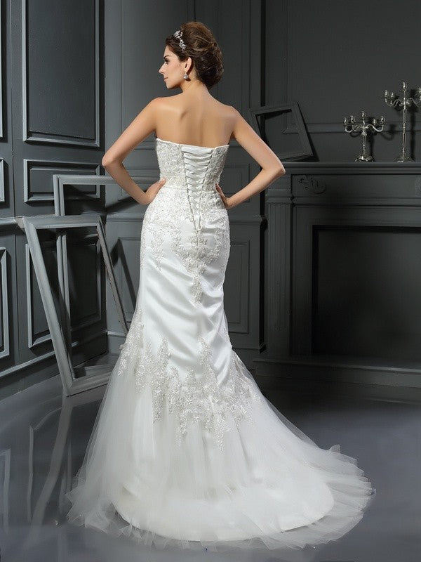 Wholesale Trumpet/Mermaid Straps Applique Sleeveless Long Satin Wedding Dresses