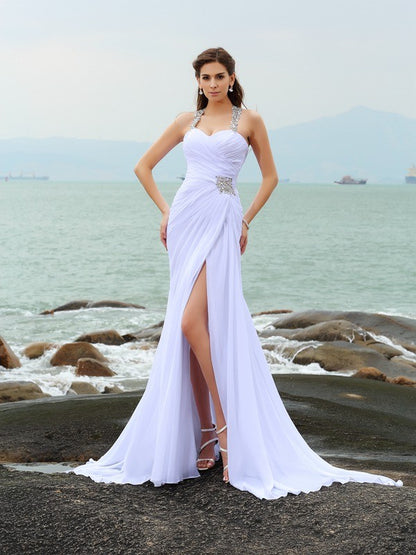 Wholesale Sheath/Column Straps Beading Sleeveless Long Chiffon Beach Wedding Dresses