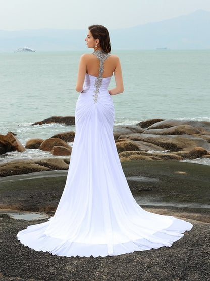 Wholesale Sheath/Column Straps Beading Sleeveless Long Chiffon Beach Wedding Dresses