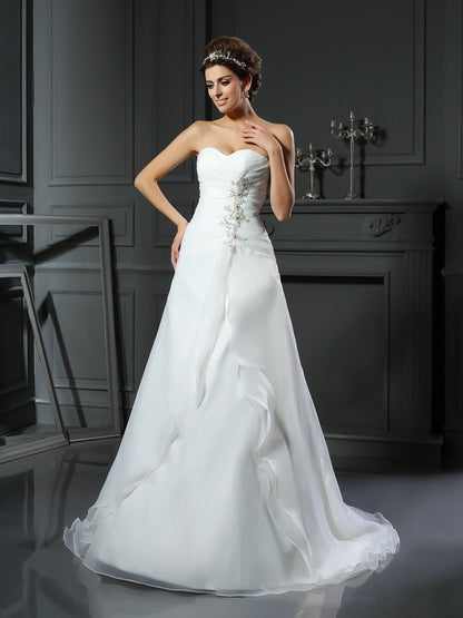 Wholesale A-Line/Princess Sweetheart Ruched Sleeveless Long Satin Wedding Dresses