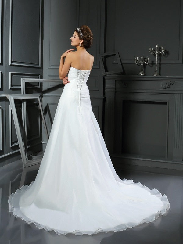 Wholesale A-Line/Princess Sweetheart Ruched Sleeveless Long Satin Wedding Dresses