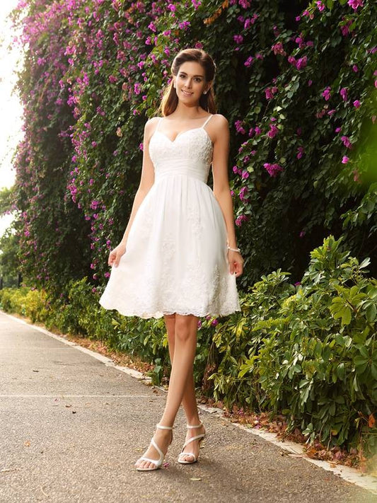 Wholesale A-Line/Princess Spaghetti Straps Applique Sleeveless Short Lace Wedding Dresses