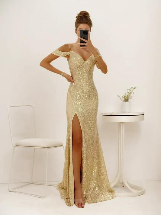 Wholesale Women's Off Shoulder Long Prom Dress 2025 Sparkly Sequin V Neck Evening Dress Mermaid Slit Formal Party Gown