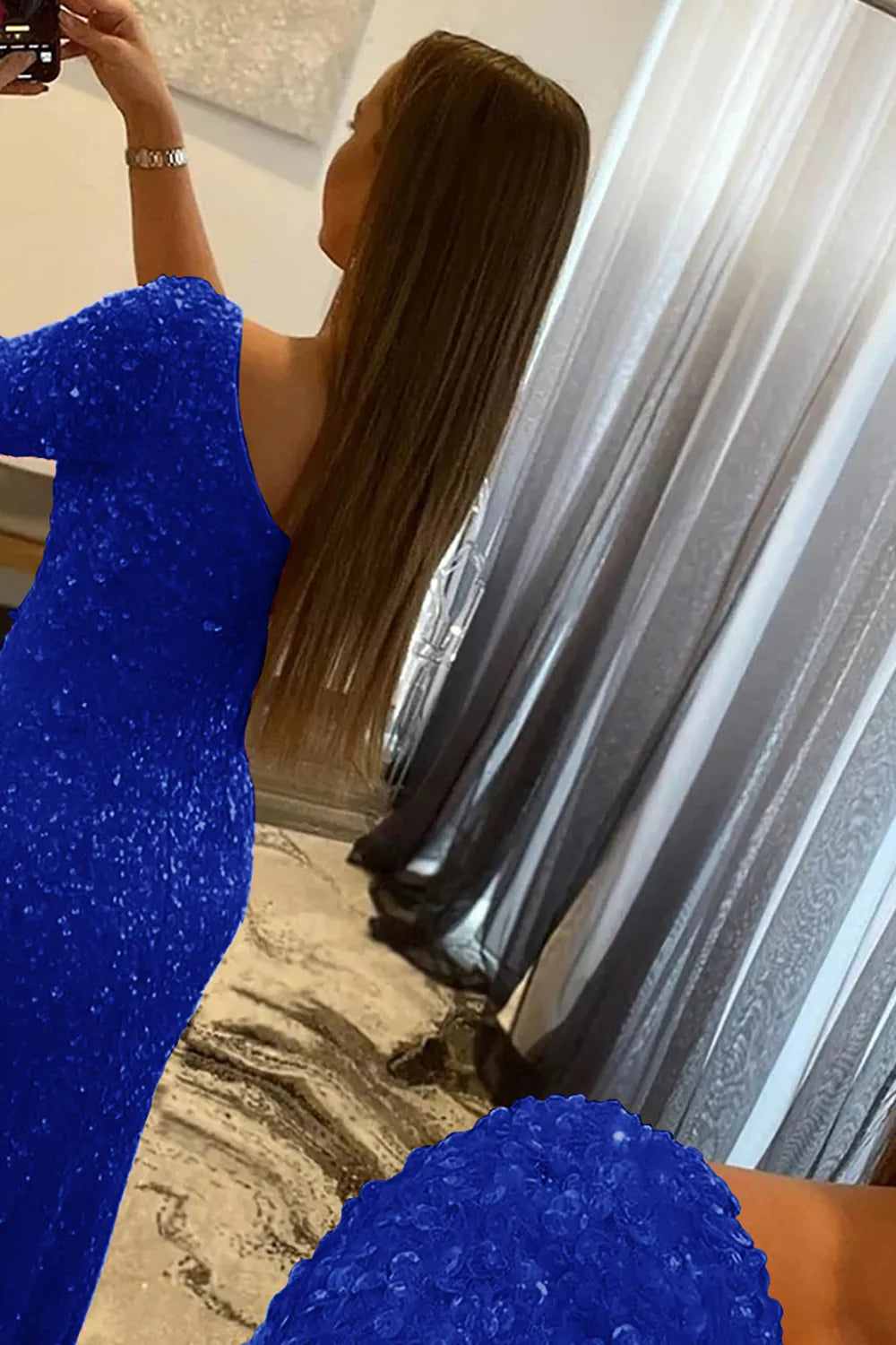 Wholesale Mermaid Glitter One-Shoulder Single Sleeve Prom Dress With Sequins prom dresses shops