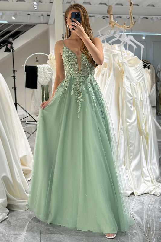 Wholesale Green A-Line Tulle Backless Long Prom Dress With Glitter Appliques prom dresses shops