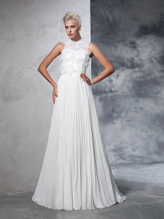 Wholesale A-Line/Princess High Neck Pleats Sleeveless Long Chiffon Wedding Dresses